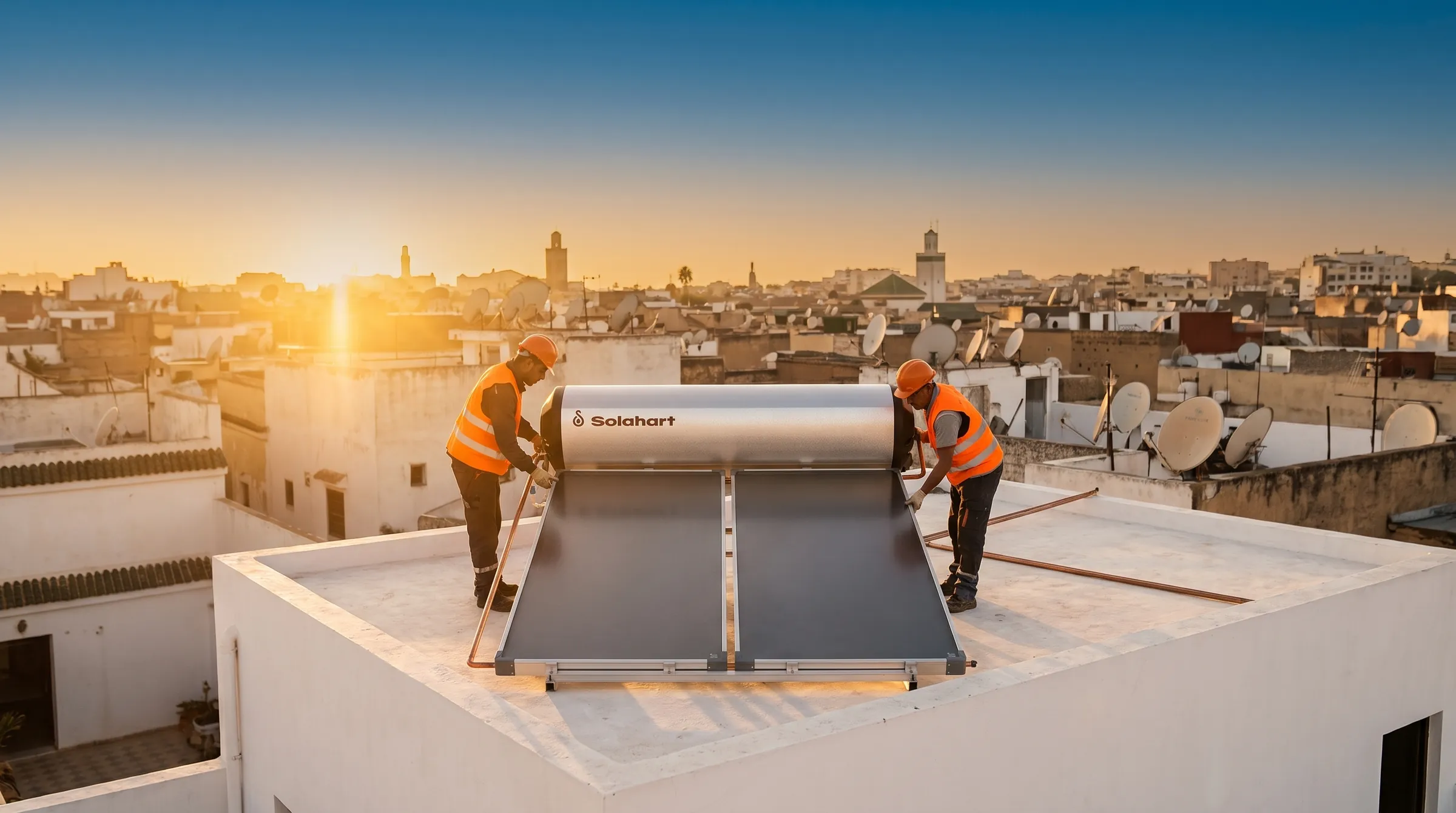 Techniciens Ihope installant un chauffe-eau Solahart sur un toit de la médina