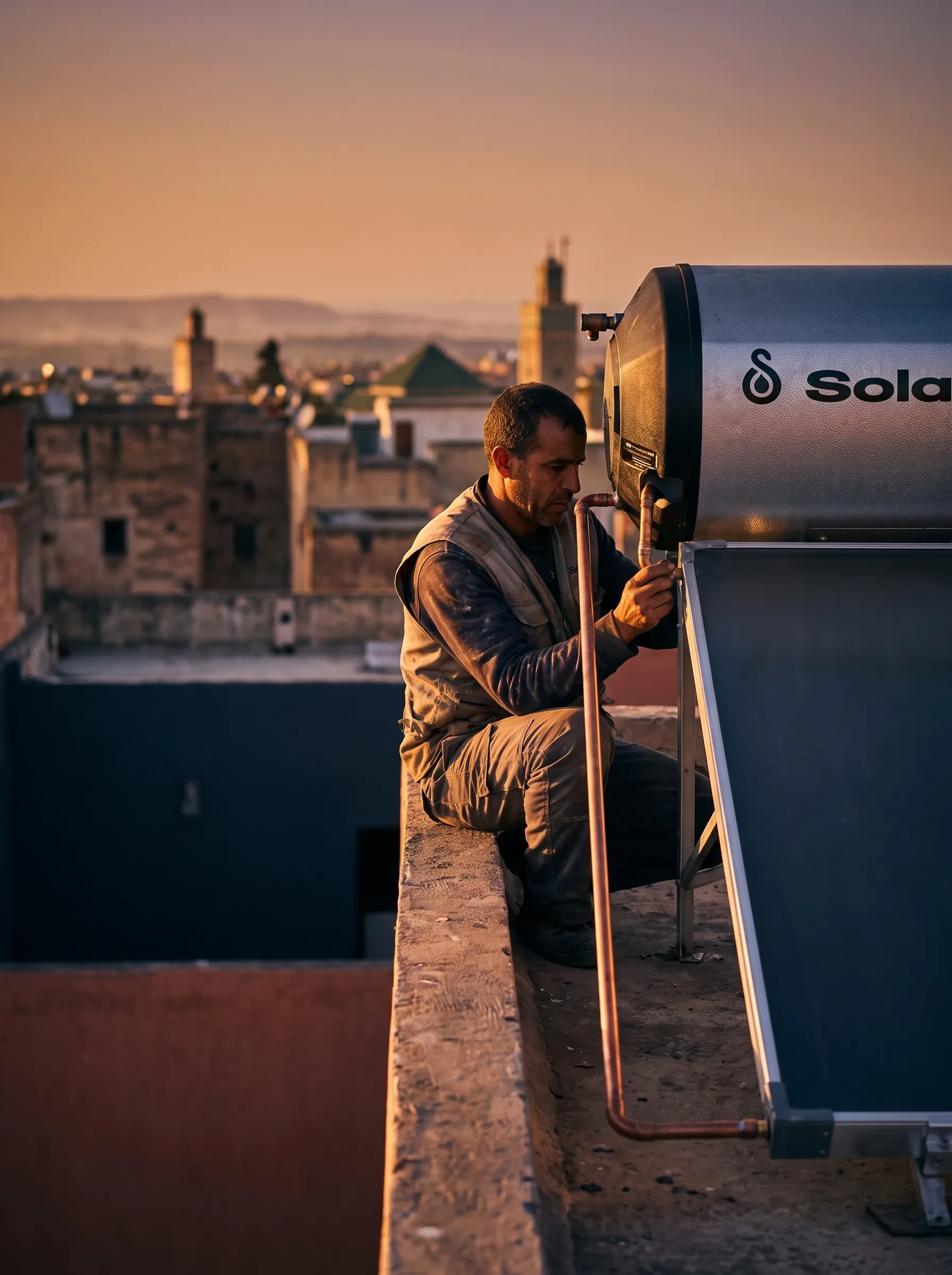 Technicien Ihope devant un chauffe-eau solaire Solahart