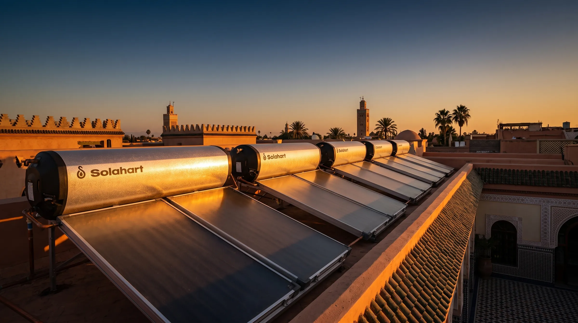 Rangée de chauffe-eau solaires Solahart sur le toit d'un hôtel marocain au coucher du soleil