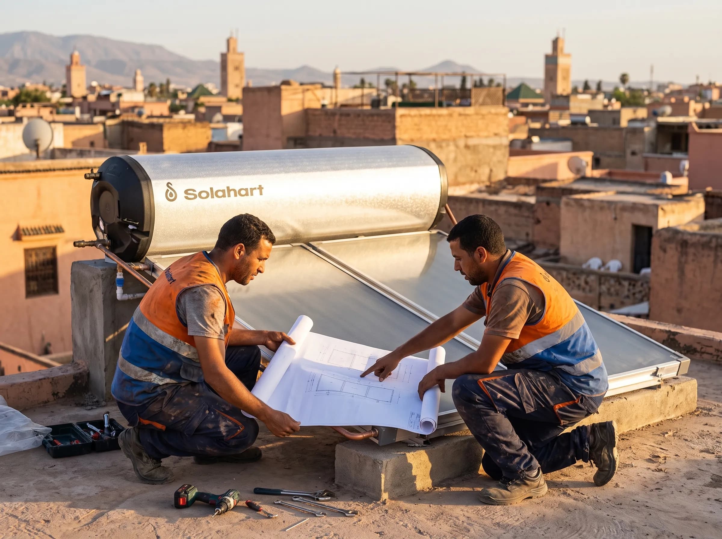 Techniciens Ihope vérifiant le plan d'installation d'un chauffe-eau Solahart